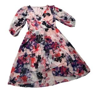 DKNY Floral Chiffon Midi Dress Pink Watercolor Size 10